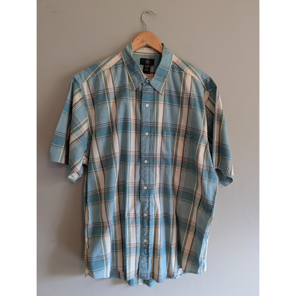 Vintage 90s Club Room Mens XL Short Sleeve Plaid Button Down Shirt Teal Blue